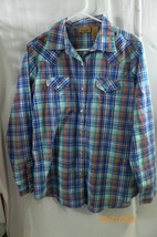 Boy&#39;s Wrangler Shirt Pearl Snap Buttons Long Sleeve Blue Multi Color Large - $14.93