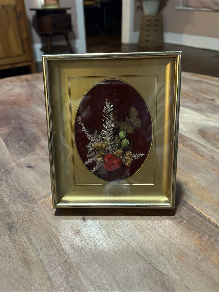 Vintage Dried Floral Shadow box Gold Tone Picture Frame  Velvet&#39;s 5×6 Ki... - $20.30