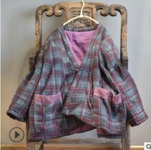 Women Parkas Plaid V neck 2022 Winter Autumn Casual Loose Cotton Padded Cardigan - £59.19 GBP