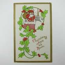 Antique Christmas Postcard Santa Bag Toys Chimney Holly Berries Red Green &amp; Gold - £7.86 GBP