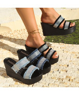 Raw Hem Rhinestone Open Toe Wedge Sandals - $67.13 CAD