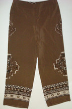 Womens Worth New York $498 4 USA Print Silk Pants Brown White Wide Ethnic Trim  - £380.74 GBP