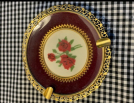 Vintage Red Rose Needlepoint under glass dish - $32.00