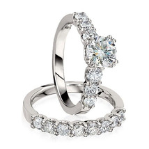 Engagement Ring Set 2.95Ct Round Cut Moissanite Solid 14K White Gold in Size 7 - £262.54 GBP
