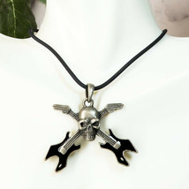 Ebros Gothic Skull Rocker With Crossed Dual Guitar Pewter Necklace Pendant - £11.98 GBP