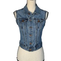 Divided by H&amp;M SZ 6 Denim Jean Vest Button-Up Frayed Sleeveless Collared Blue - £19.55 GBP
