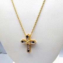 Vintage JC Cross Pendant Necklace, Gold Tone with Clear Pave and Blue Crystals - £30.60 GBP