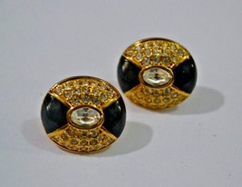 Vintage Mint Swarovski Black Enameled &amp; Rhinestone Earrings - £55.30 GBP