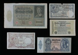 1922-1943 European 5-Note Currency Set Belgium, Germany &amp; Hungary - £39.75 GBP