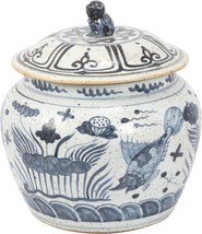 Rice Jar Fish Lotus Flower Blue White Ceramic Hand-Painted Handmade Painted - $309.00