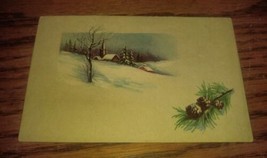 Antique Unused Postcard Winter Scene Pine COne Church Holiday Vintage - £11.85 GBP