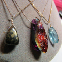 3 PC Lot Sterling Silver Fluorite Pyrite Stone And Fused Glass Pendant Necklaces - $34.63