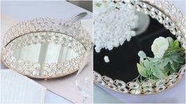 14&quot;x10&quot; Gold Metal Crystal Beaded Oval Mirror Serving Tray Wedding Decorations - £60.74 GBP