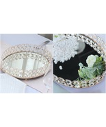 14&quot;x10&quot; Gold Metal Crystal Beaded Oval Mirror Serving Tray Wedding Decor... - £60.55 GBP