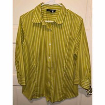 Jones New York Womens Shirt Green White Striped Button Front 3/4 Sleeve XL - $9.68