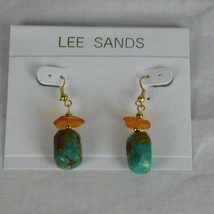 Lee Sands Turquoise Drop Pierced Earrings Gold Tone Metal Stones 1&quot; Long - £19.02 GBP