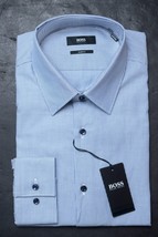 HUGO BOSS Uomo Jano Slim Fit Blu Scuro a Righe Cotone Camicia 38 15 - £50.67 GBP