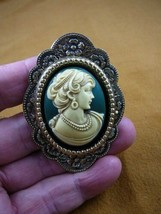 (cm23-30) Calm Face Woman Green Cameo Brass Pin Pendant Jewelry Necklace Nice - £29.98 GBP