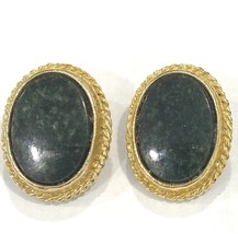 Vintage Gold-Tone with Black-Green Stone Oval Clip-On Earrings - $12.34
