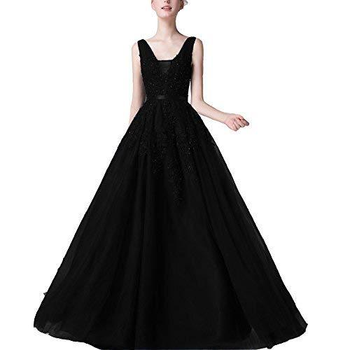 Kivary Women V Neck Sheer Beaded Long Prom Dress Formal Tulle Evening Gown Black