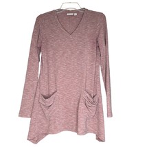 Logo Lori Goldstein Women V Neck Tunic Top Pink S Knit Stretch Ribbed Pullover - $17.70