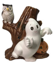 Vtg Heartline 9in Ceramic Halloween Tree Ghost Owl &amp; Pumpkin Luminary Decor - £32.97 GBP