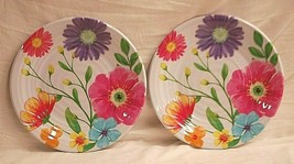 Pair Melamine Ribbed Plates Colorful Fun Pink Purple Blue Floral Spring ... - £17.21 GBP