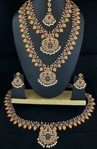 Gold Plated Bollywood CZ Red Green Necklace Earrings Tikka Bridal Jewelry Set - £68.50 GBP