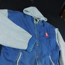 IOmega Men Blue Denim Varsity Jacket Coat Gray Hoodie All in One Sz L Zip Drive - £67.30 GBP