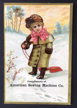 1880s American Sewing Machine Co. Victorian Trade Card Girl with Sled in Snow - £14.38 GBP