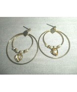 Pearl in Cage Pierced Earring Dangles Two Circles with Heart at Top Gold... - £7.47 GBP