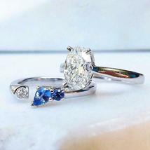 Pretty 14K White Gold Finish 1.37CT Sapphire &amp; Diamond Wedding Bridal Ring Set - £89.95 GBP