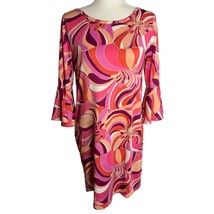 Trina Turk Retro Sheath Mini Dress M Pink Bell Sleeve Draped Back Stretch - £71.29 GBP