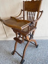 19th Century Oak Wood Convertible Baby High Chair Pressed Back Wheels - $297.00