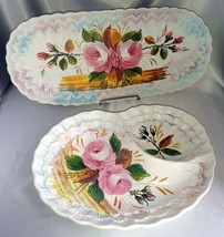 Lot (2) Vintage Hand Painted Rose Floral Oblong Platter &amp; Divided Dish, Italy - £30.76 GBP