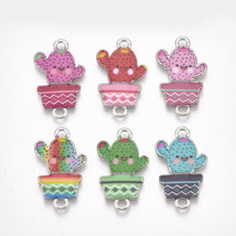 4 Cactus Charms Connector Pendants Silver Enamel Assorted Lot Link Jewelry  - $5.14