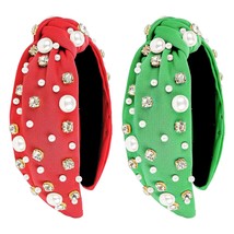 2 Pack Knotted Headbands Rhinestone Pearl Headband Women Girls Red Green Wide He - £26.06 GBP