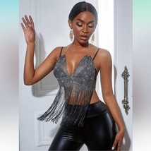 INGEMARK Sparkly Rhinestone Fishnet Halter Long Tassel Chain Bra size L ... - $17.82