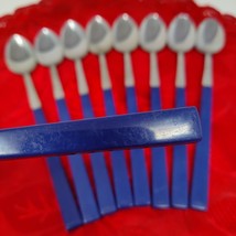 9X Anacapa Stainless Cubed Long Plastic Handles Blue TEA SPOON 7.75&quot; Vtg - $24.98