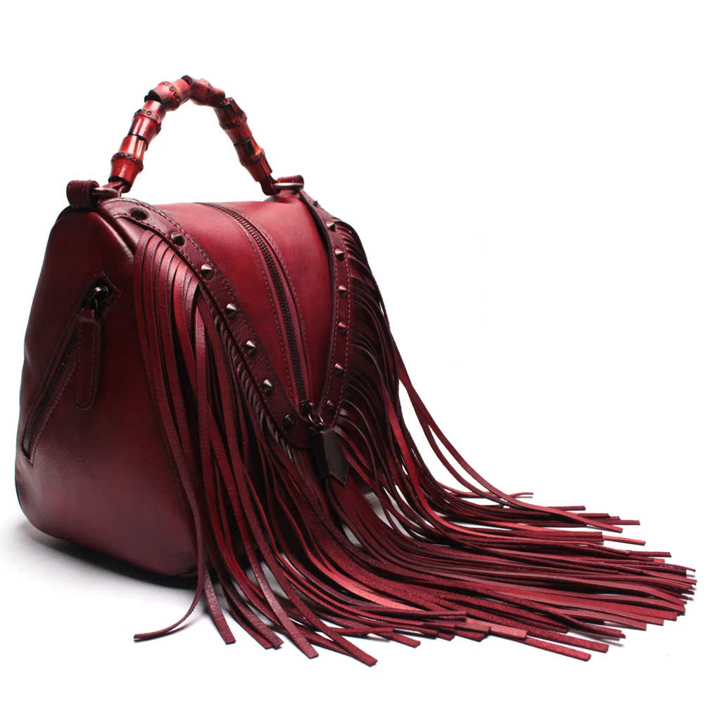 Handmade High Quality Cowhide Leather Handbags With Suede Tassels Genuin... - £128.99 GBP