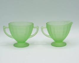 Tiffin Verde Uranio Raso Vetro Zucchero Lattiera Set 1930&#39;s UV Brilla - £84.44 GBP