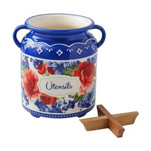Pioneer Woman Heritage Floral Utensil Crock Blue Red Stoneware Wood Inse... - $42.97