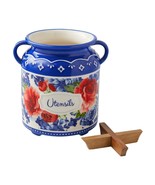 Pioneer Woman Heritage Floral Utensil Crock Blue Red Stoneware Wood Inse... - $790.76 MXN