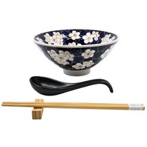 White Ume Plum Flowers Ceramic Ramen Bowl Soup Spoon Chopsticks And Rest... - $33.99