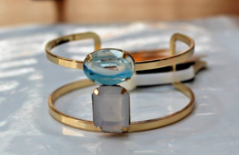 Gold Metal Cuff Bracelet With Blue Ocean &amp; White Gemstone Top New - £13.50 GBP
