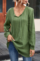 Green Casual Pleated V Neck Textured Loose Top - £27.00 GBP