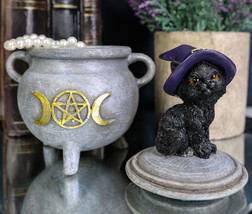 Halloween Wicca Black Cat With Witch Hat On Triple Moon Cauldron Decorat... - $21.99