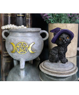 Halloween Wicca Black Cat With Witch Hat On Triple Moon Cauldron Decorat... - €19,01 EUR