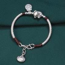 Handwoven Wax Rope Bracelet With Sterling Silver Curved Tube And Lucky Fu Charm - £40.82 GBP