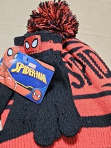 Kids Beanie Hat &amp; Gloves Marvel Spiderman Collage Pom-Pom Black &amp; Red HatNew - £15.30 GBP